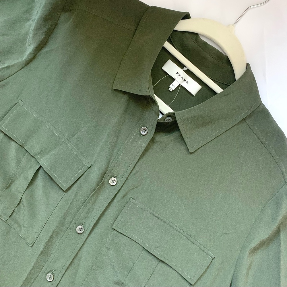 FRAME Silk Short Sleeve Flap Pocket Button Up Shirt Blouse Military Green LG - Picture 7 of 16